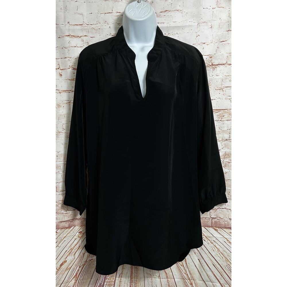 A-New York Black V-Neck Blouse Sz M Silky Long-Sleeve Loose Long Top Minimalist - Picture 7 of 8